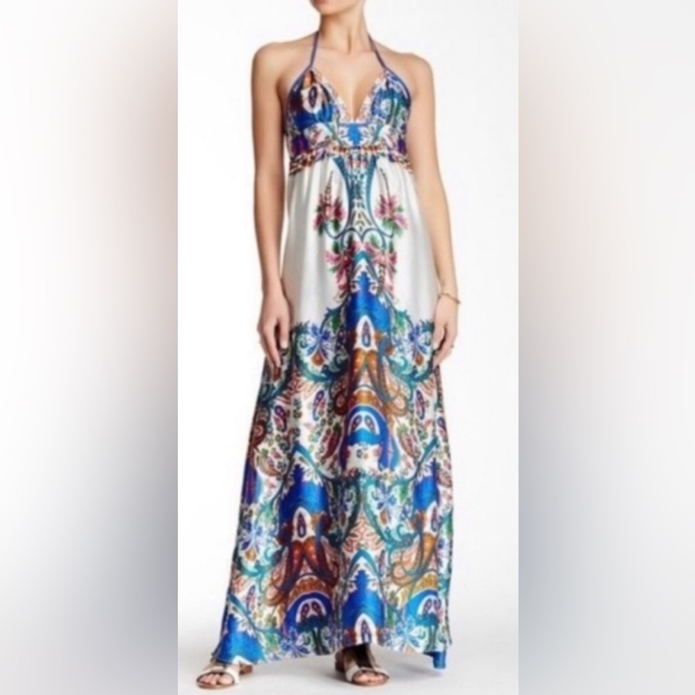 KAS Designs Paisley Floral Colorful Halter Maxi Dress Size Large